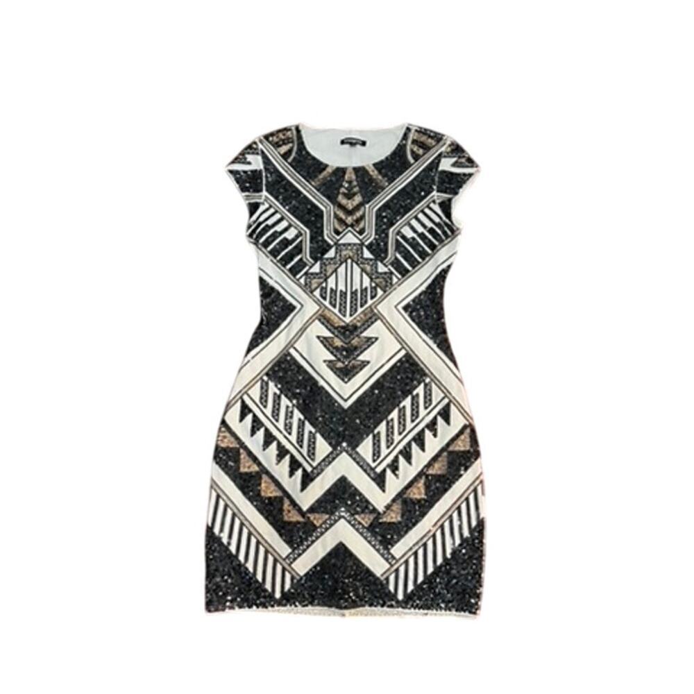 Express beautiful short sleeve black and white sequin sparkle fitted dress sz XS